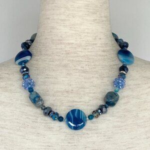 Sterling Silver 925 Blue Dyed Banded Agate & Chrysocolla Quartz Beaded Necklace